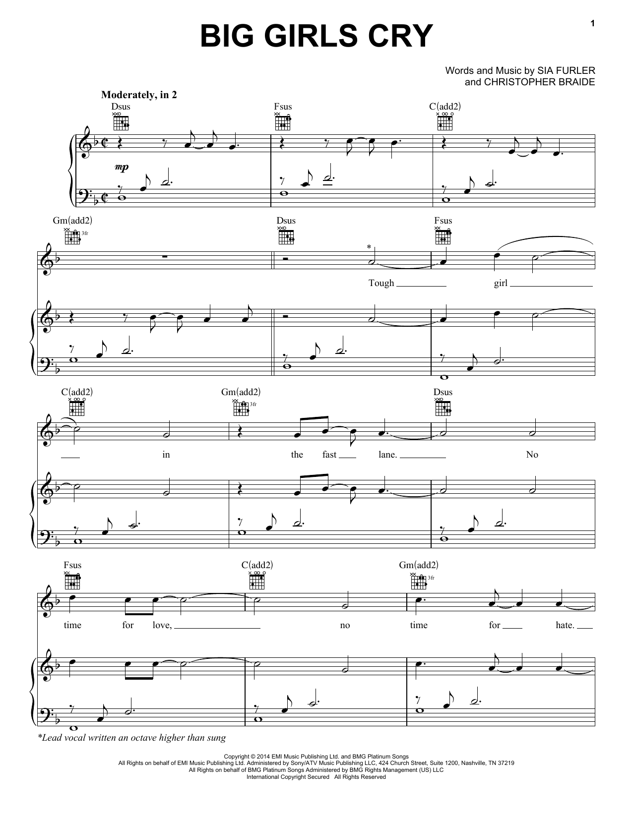 Sia Big Girls Cry sheet music notes and chords. Download Printable PDF.