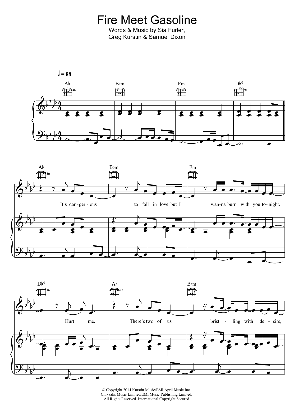 Sia Fire Meet Gasoline sheet music notes and chords. Download Printable PDF.