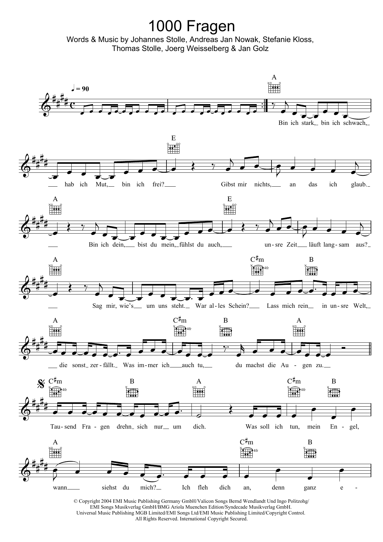 Silbermond 1000 Fragen sheet music notes and chords. Download Printable PDF.