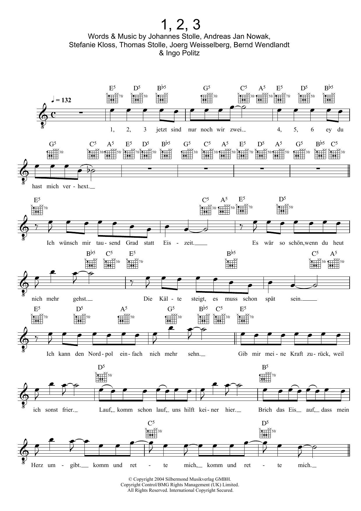 Silbermond 1, 2, 3 sheet music notes and chords. Download Printable PDF.