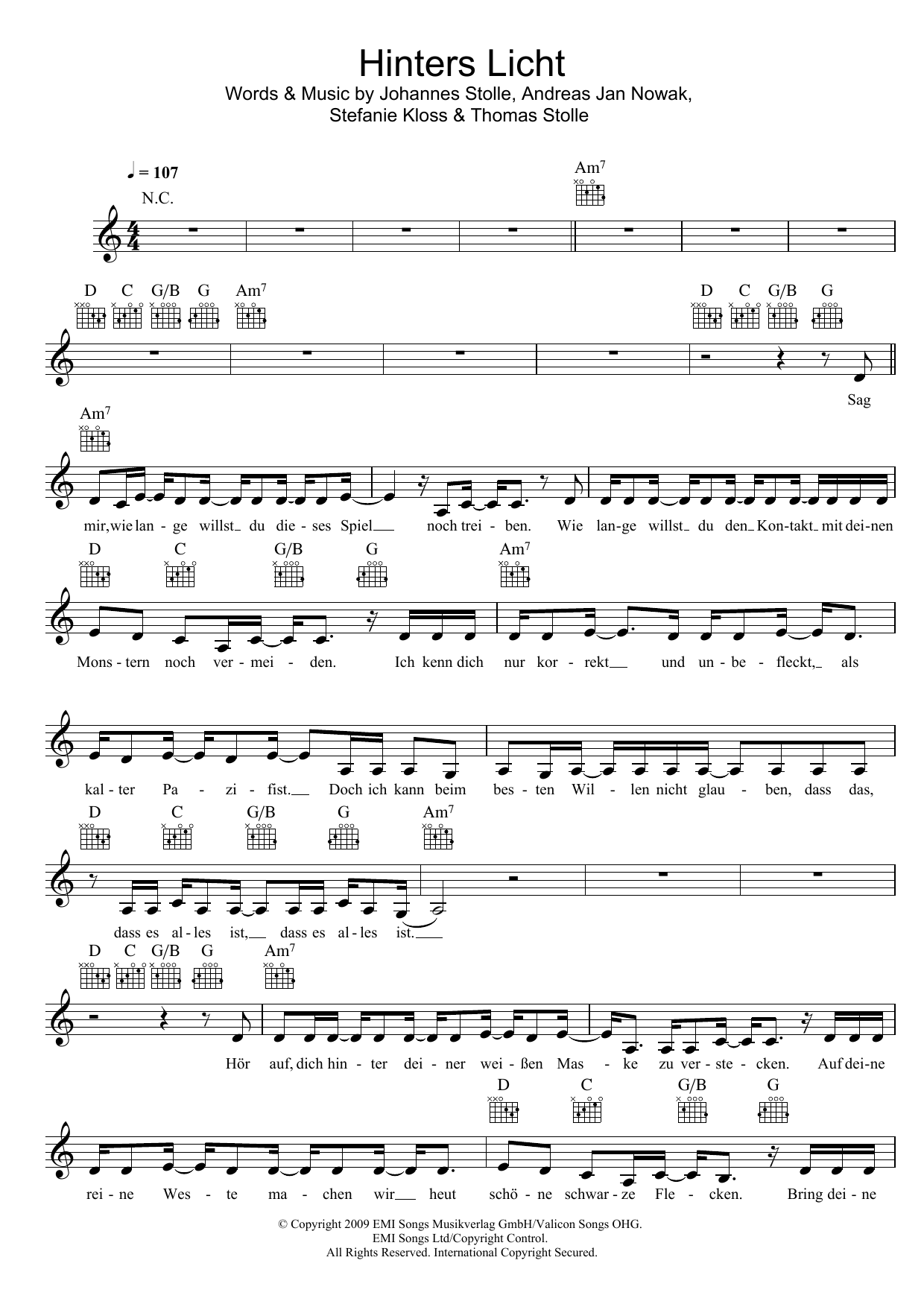 Silbermond Hinters Licht sheet music notes and chords. Download Printable PDF.