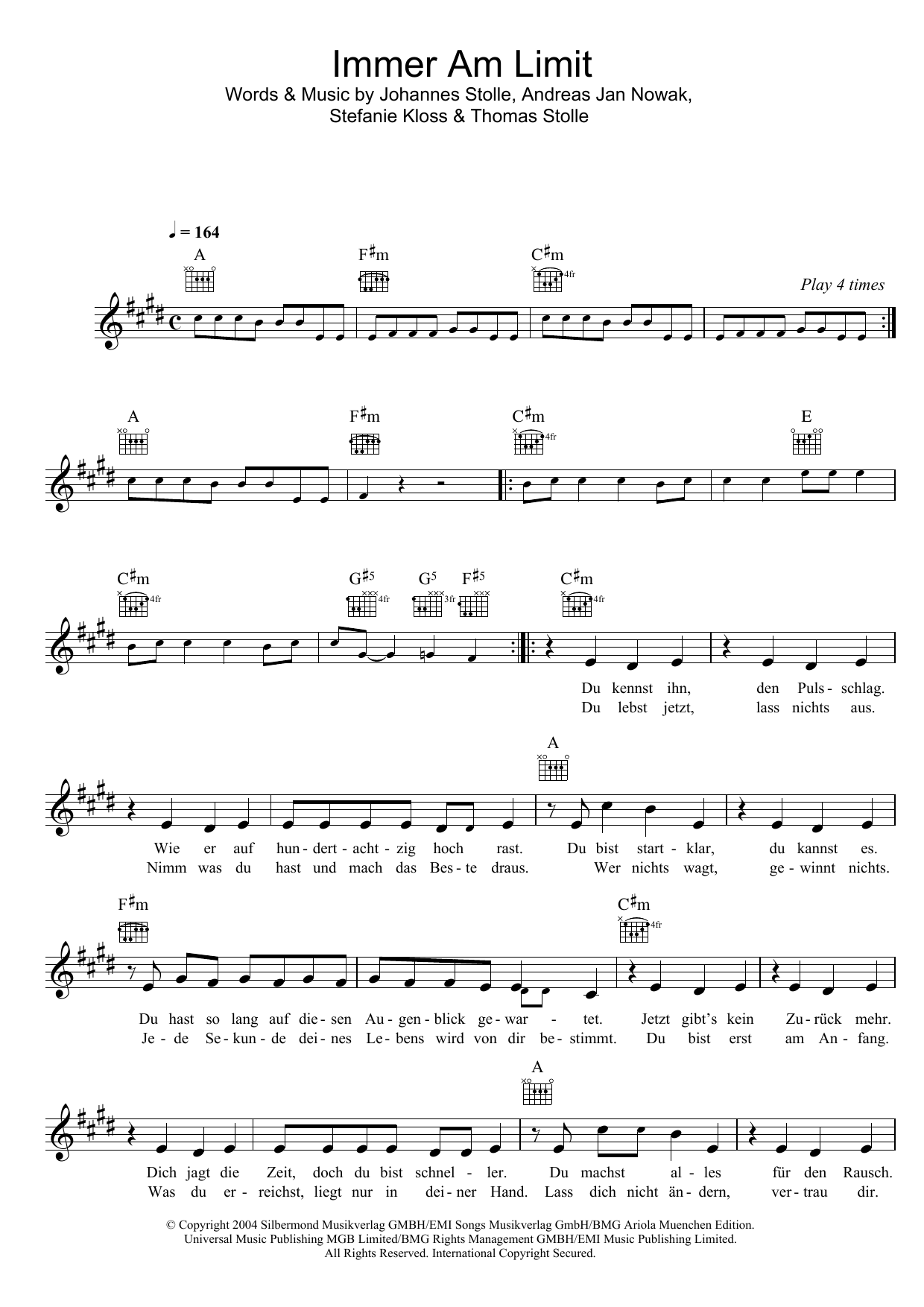 Silbermond Immer Am Limit sheet music notes and chords. Download Printable PDF.