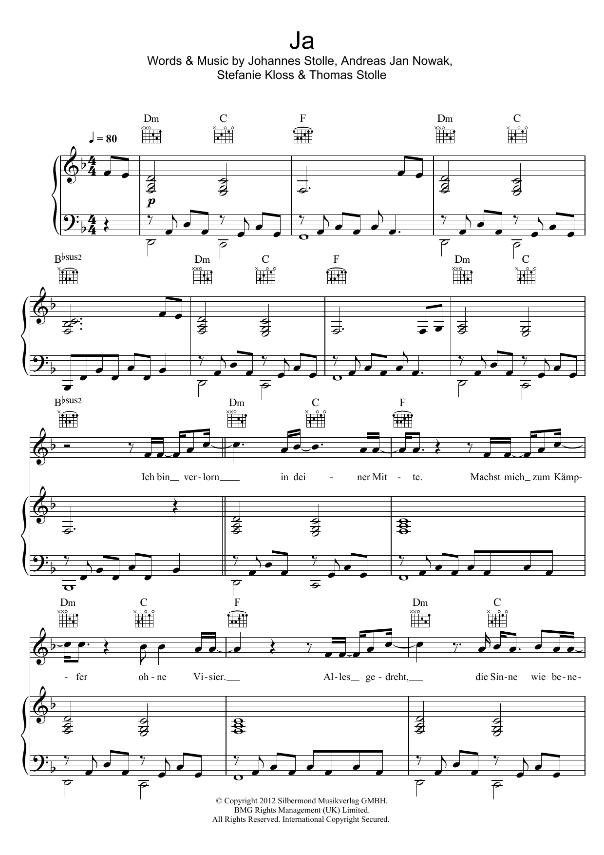 Learn to play Silbermond Ja sheet music for Piano & Vocal in minutes. Silbermond Ja sheet music notes and chords. Download Printable PDF.