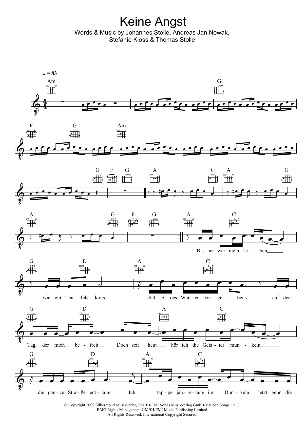 Silbermond Keine Angst sheet music notes and chords. Download Printable PDF.