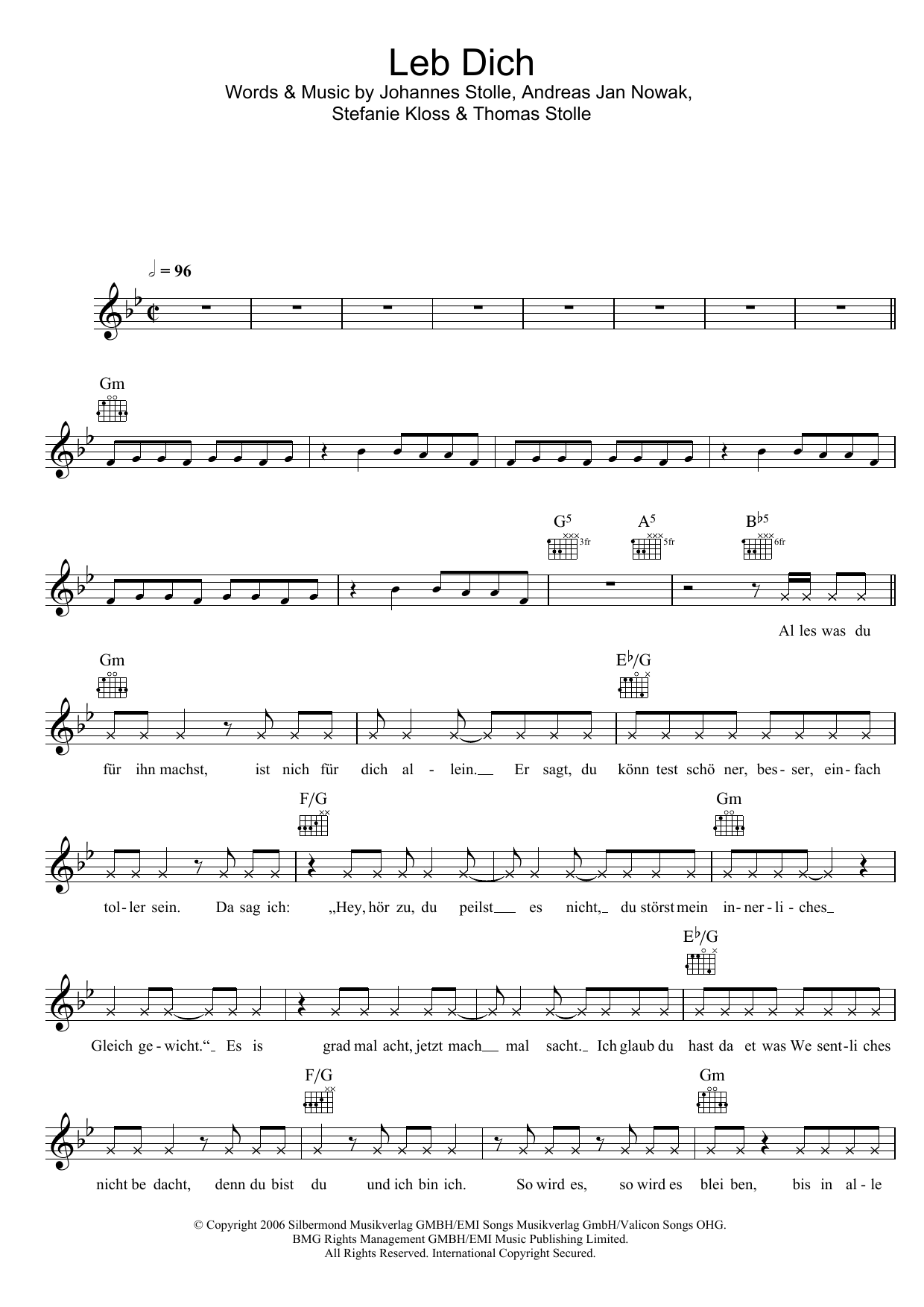 Silbermond Leb Dich sheet music notes and chords. Download Printable PDF.