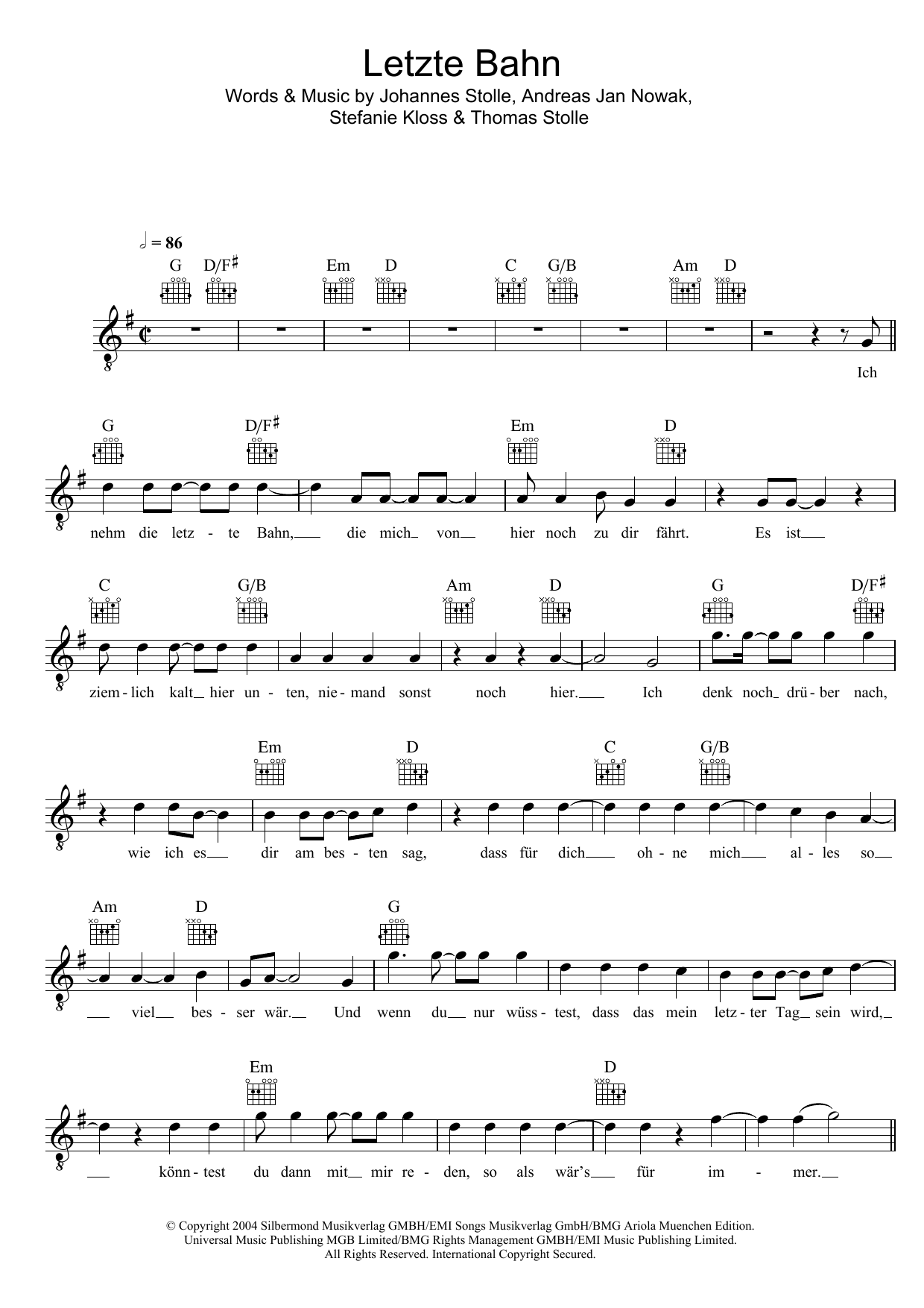 Silbermond Letzte Bahn sheet music notes and chords. Download Printable PDF.