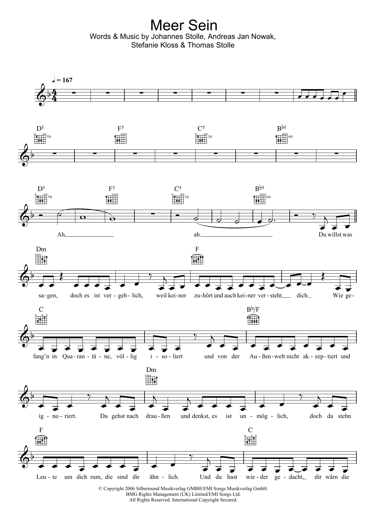 Silbermond Meer Sein sheet music notes and chords. Download Printable PDF.