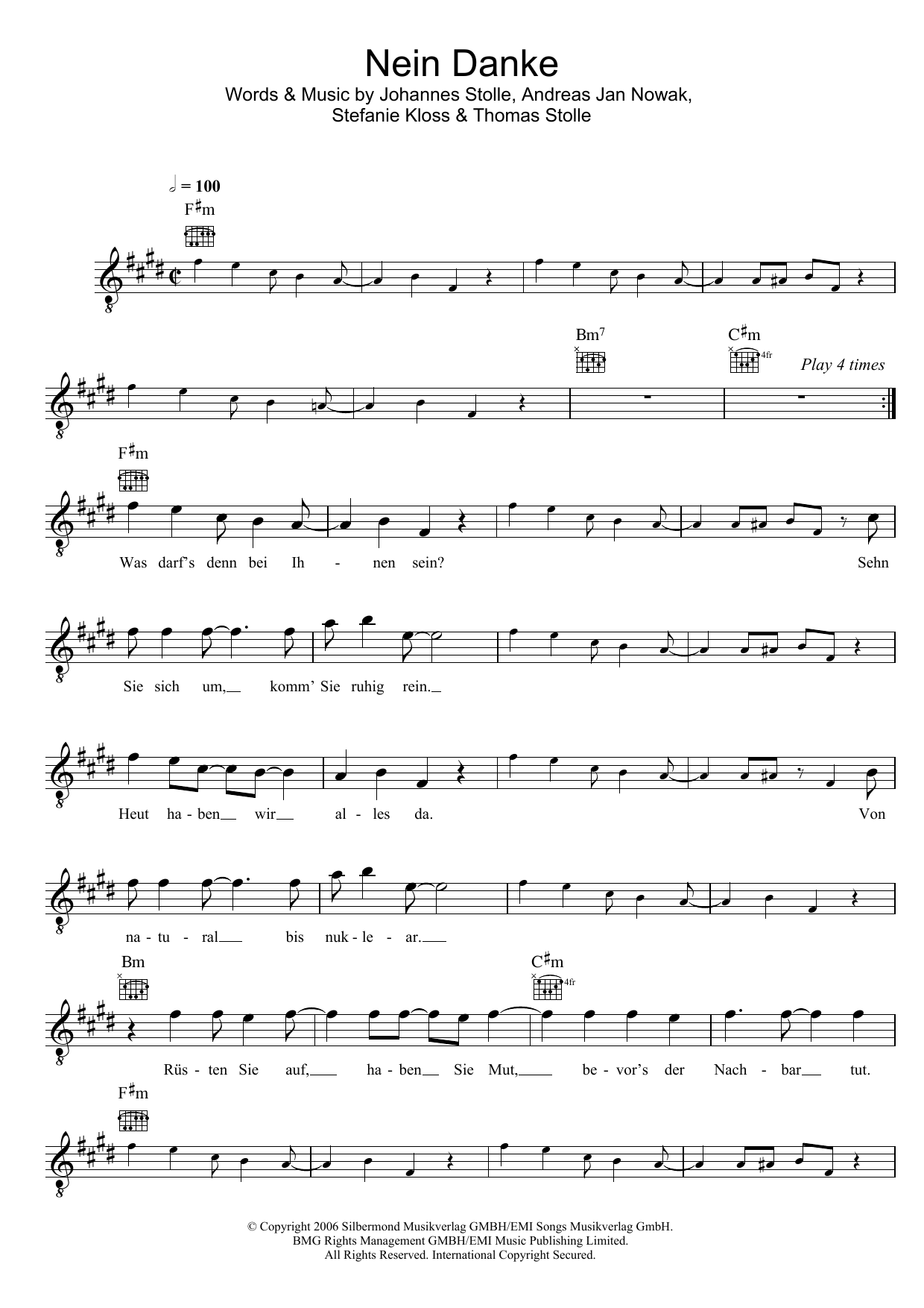 Silbermond Nein Danke sheet music notes and chords. Download Printable PDF.