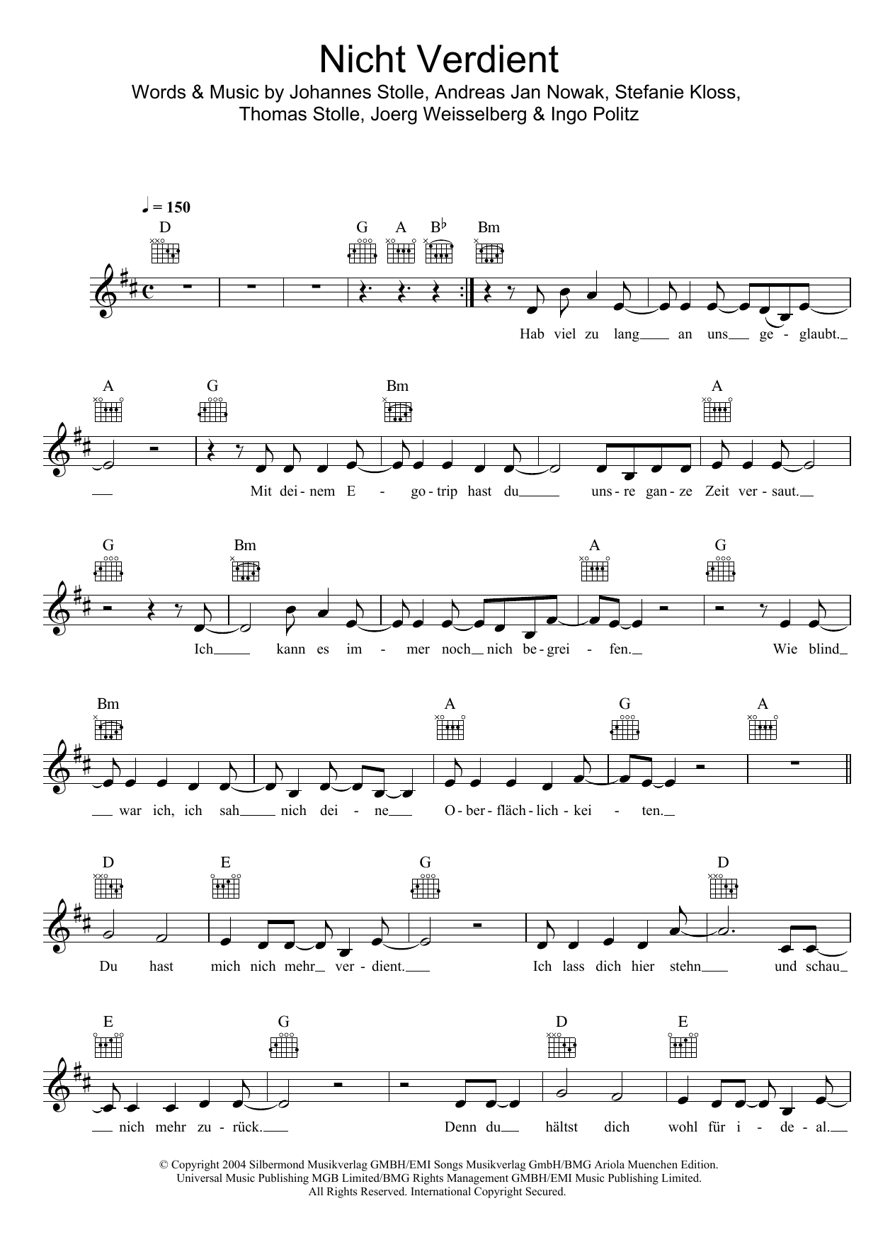 Silbermond Nicht Verdient sheet music notes and chords. Download Printable PDF.