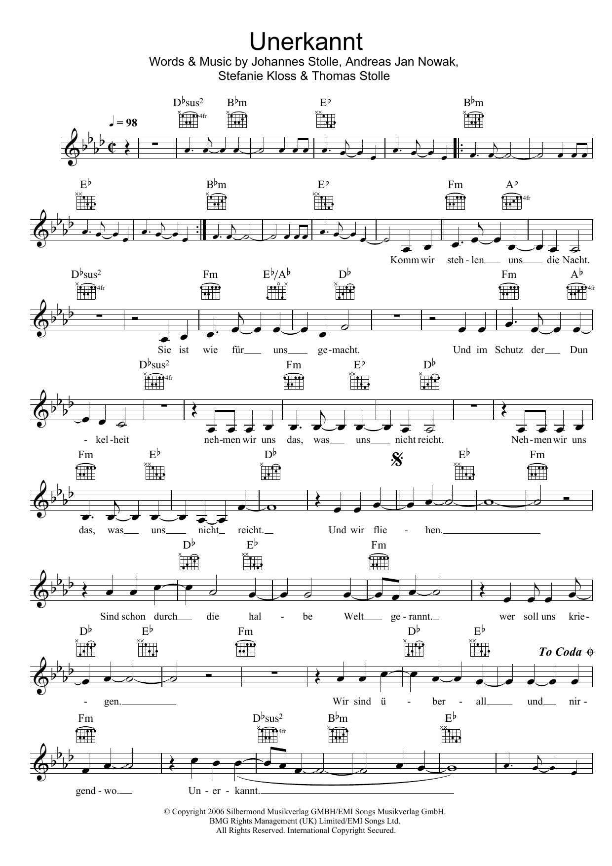 Silbermond Unerkannt sheet music notes and chords. Download Printable PDF.