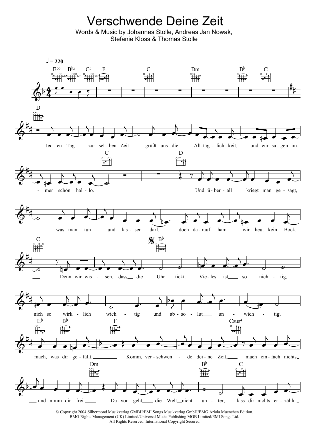 Silbermond Verschwende Deine Zeit sheet music notes and chords. Download Printable PDF.