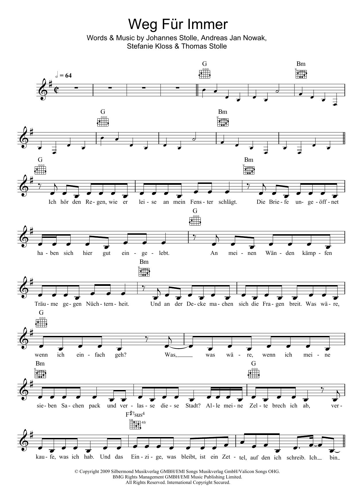 Silbermond Weg Für Immer sheet music notes and chords. Download Printable PDF.