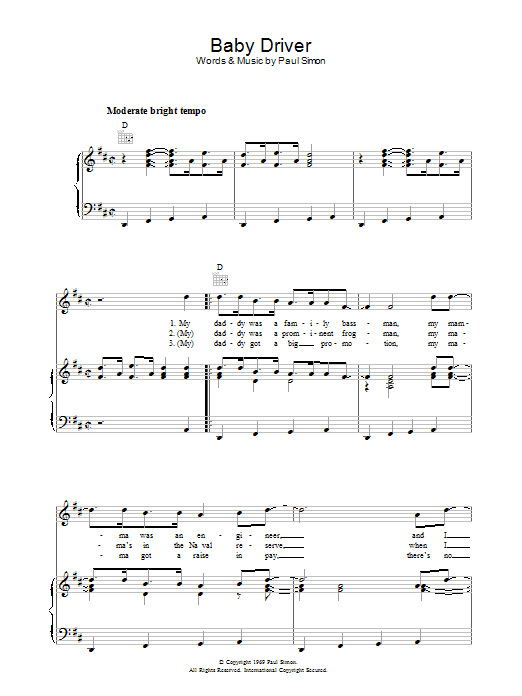 Baby Driver Sheet Music By Simon Garfunkel Guitar Chords Lyrics Download Page Score