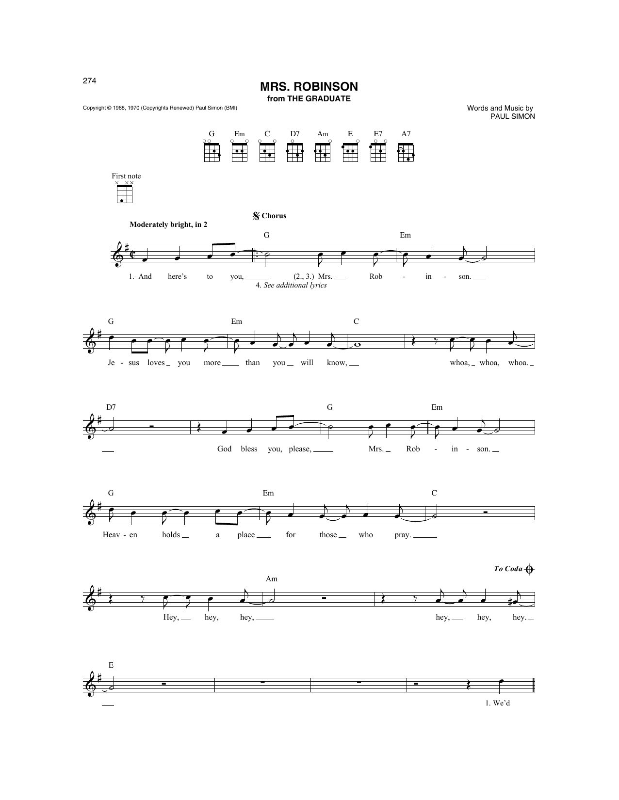 Simon & Garfunkel Mrs. Robinson sheet music notes and chords arranged for Super Easy Piano