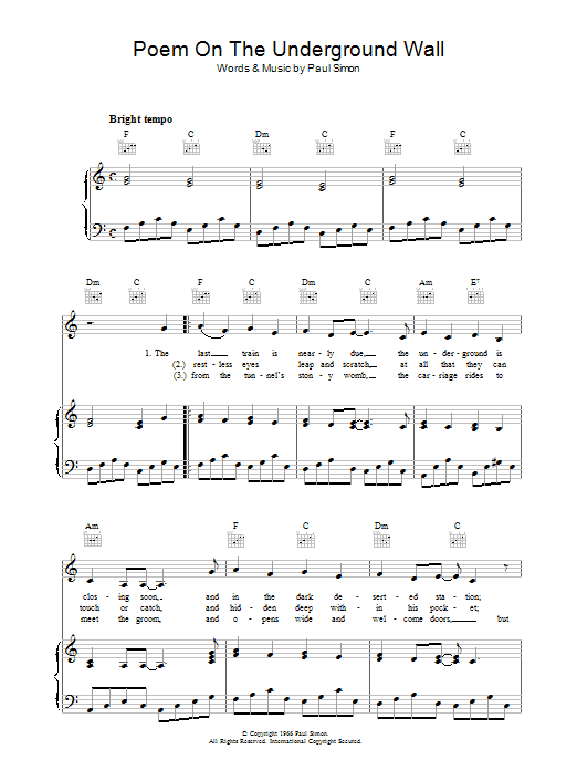 Simon Garfunkel A Poem On The Underground Wall Sheet Music Pdf Notes Chords Pop Score Piano Vocal Guitar Right Hand Melody Download Printable Sku 34298