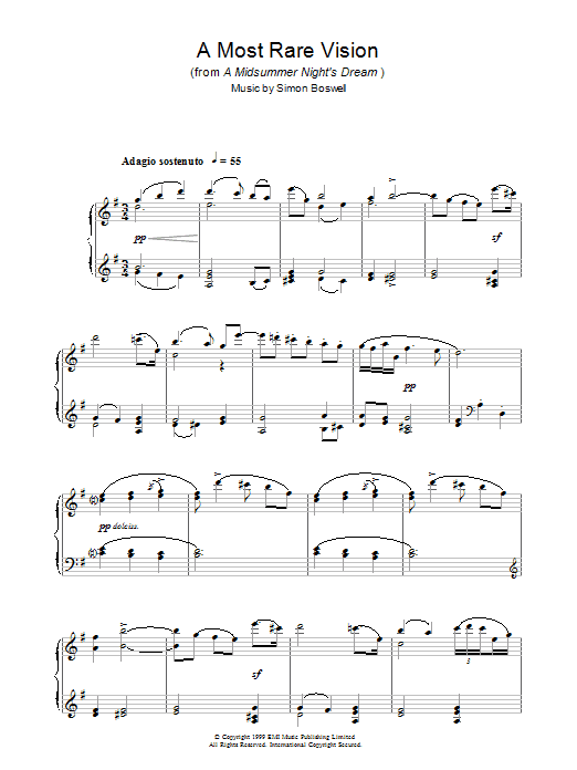 Learn to play Simon Boswell A Most Rare Vision (from A Midsummer's Night's Dream) sheet music for Piano Solo in minutes. Simon Boswell A Most Rare Vision (from A Midsummer's Night's Dream) sheet music notes and chords. Download Printable PDF.