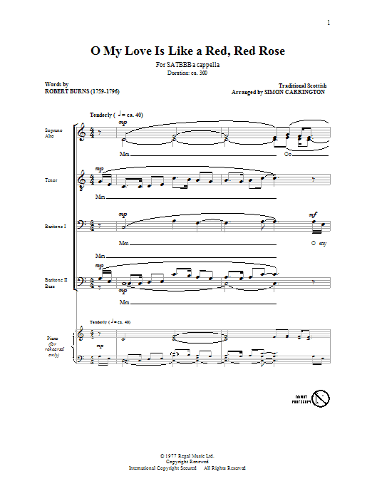 Learn to play Simon Carrington O My Love Is Like A Red, Red Rose sheet music for SATB Choir in minutes. Price: 8.9900$ Simon Carrington O My Love Is Like A Red, Red Rose sheet music notes and chords arranged for SATB Choir
