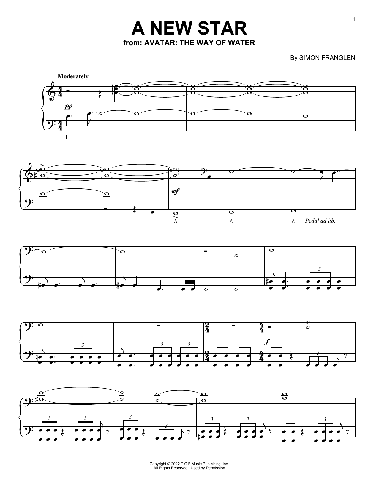 Learn to play Simon Franglen A New Star (from Avatar: The Way Of Water) sheet music for Piano Solo in minutes. Price: 6.9900$ Simon Franglen A New Star (from Avatar: The Way Of Water) sheet music notes and chords arranged for Piano Solo