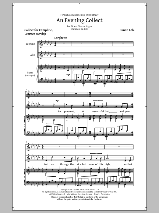 Simon Lole An Evening Collect sheet music notes and chords. Download Printable PDF.