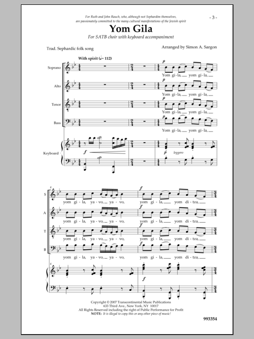 Simon Sargon Yom Gila sheet music notes and chords. Download Printable PDF.