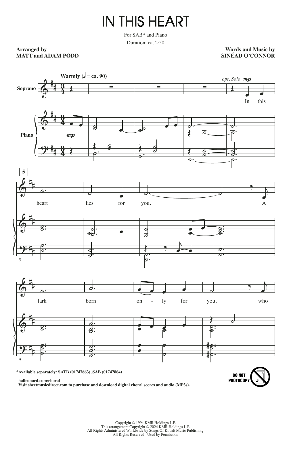 Learn to play Sinéad O'Connor In This Heart (arr. Matt and Adam Podd) sheet music for SAB Choir in minutes. Price: 3.9900$ Sinéad O'Connor In This Heart (arr. Matt and Adam Podd) sheet music notes and chords arranged for SAB Choir