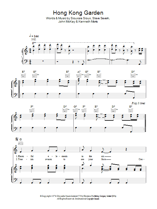 Learn to play Siouxsie & The Banshees Hong Kong Garden sheet music for Piano, Vocal & Guitar (Right-Hand Melody) in minutes. Siouxsie & The Banshees Hong Kong Garden sheet music notes and chords. Download Printable PDF.