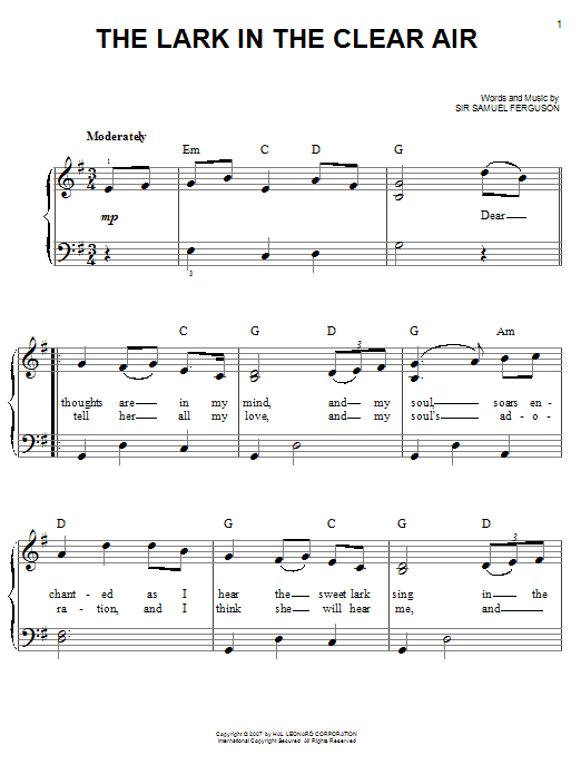 Sir Samuel Ferguson The Lark In The Clear Air sheet music notes and chords. Download Printable PDF.