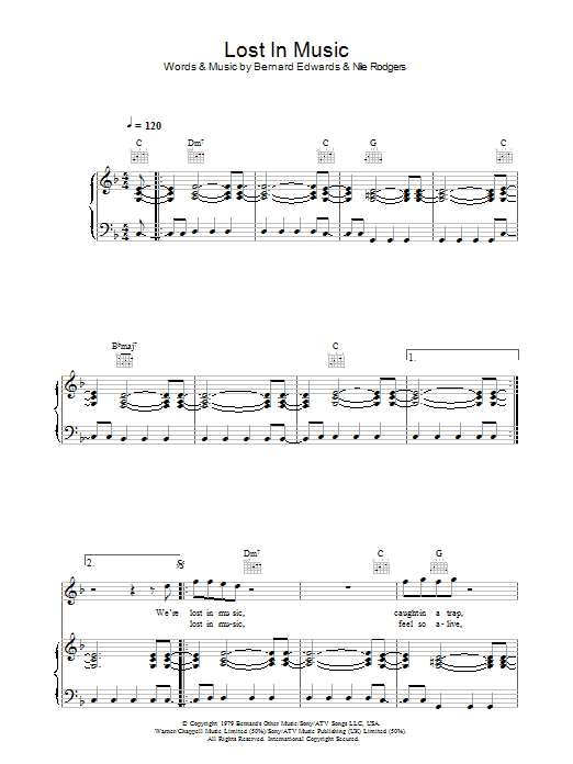 Learn to play Sister Sledge Lost In Music sheet music for Piano Chords/Lyrics in minutes. Price: 3.9900$ Sister Sledge Lost In Music sheet music notes and chords arranged for Piano Chords/Lyrics