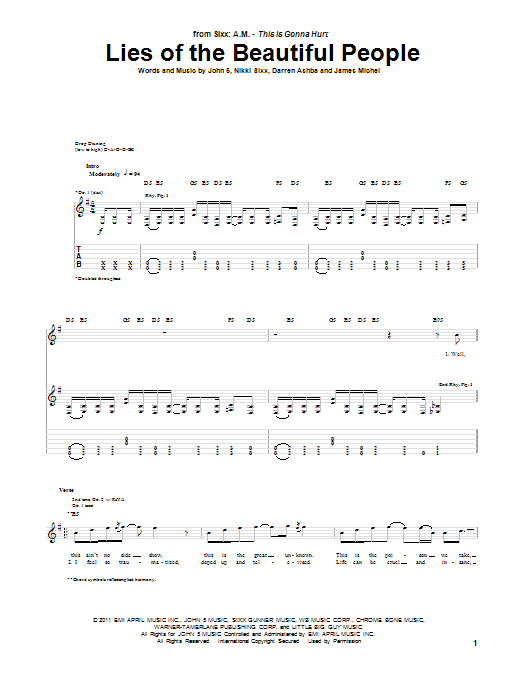 Learn to play Sixx A.M. Lies Of The Beautiful People sheet music for Guitar Tab in minutes. Price: 7.8900$ Sixx A.M. Lies Of The Beautiful People sheet music notes and chords arranged for Guitar Tab
