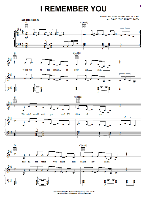 Skid Row I Remember You sheet music notes and chords. Download Printable PDF.