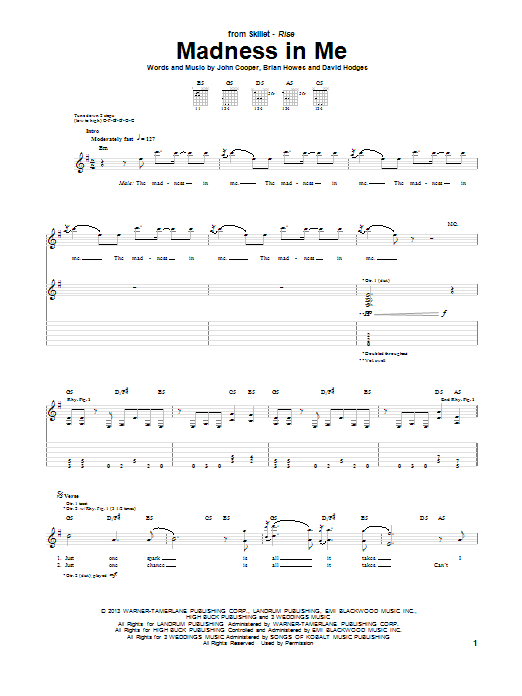 Skillet Madness In Me sheet music notes and chords. Download Printable PDF.