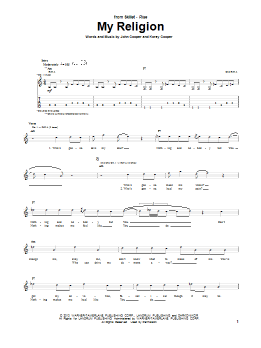 Skillet My Religion sheet music notes and chords. Download Printable PDF.