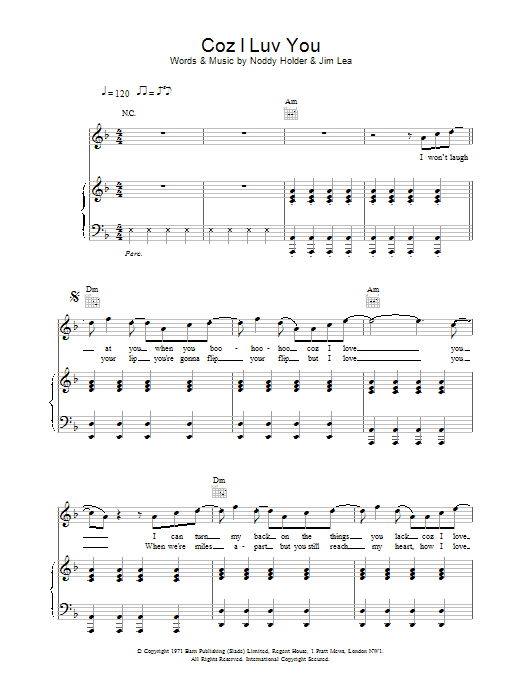 Slade Coz I Luv You sheet music notes and chords. Download Printable PDF.