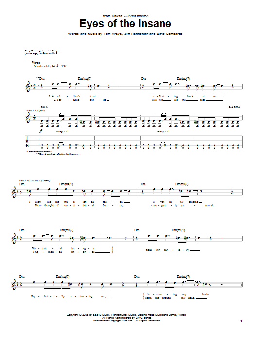 Slayer Eyes Of The Insane sheet music notes and chords. Download Printable PDF.