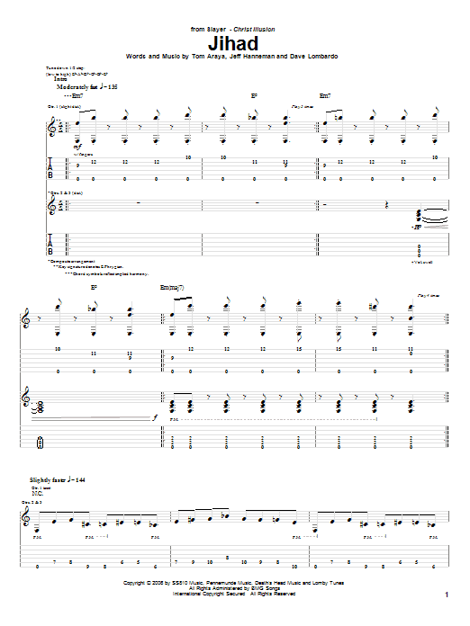 Learn to play Slayer Jihad sheet music for Guitar Tab in minutes. Price: 7.8900$ Slayer Jihad sheet music notes and chords arranged for Guitar Tab