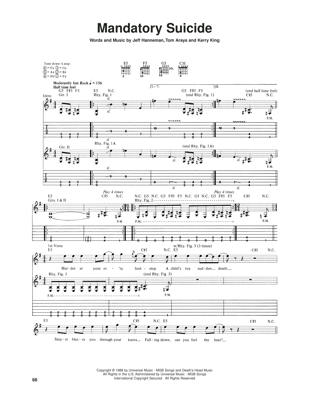 Slayer Mandatory Suicide sheet music notes and chords. Download Printable PDF.