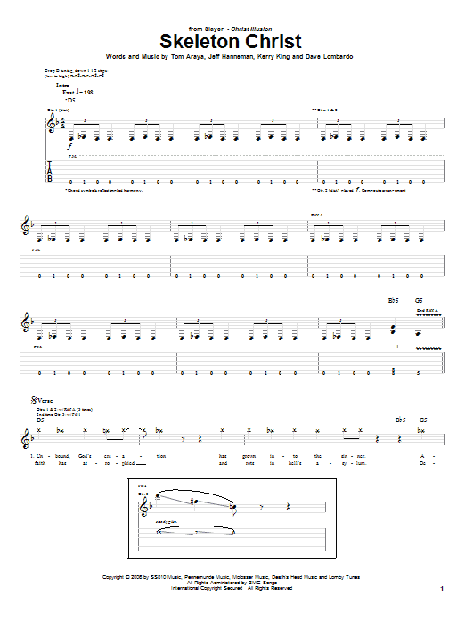 Slayer Skeleton Christ sheet music notes and chords. Download Printable PDF.