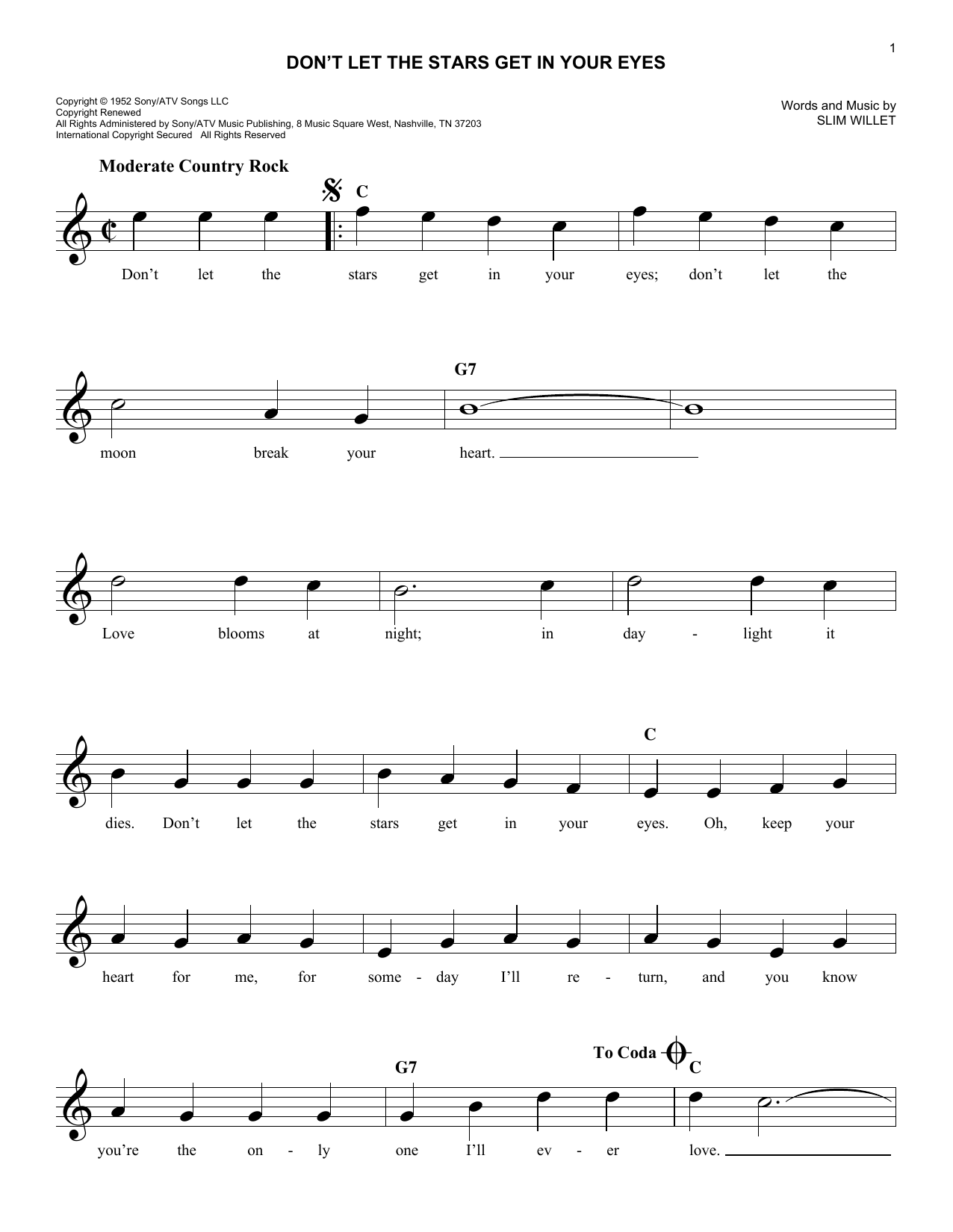 Slim Willet Don't Let The Stars Get In Your Eyes sheet music notes and chords arranged for Easy Lead Sheet / Fake Book