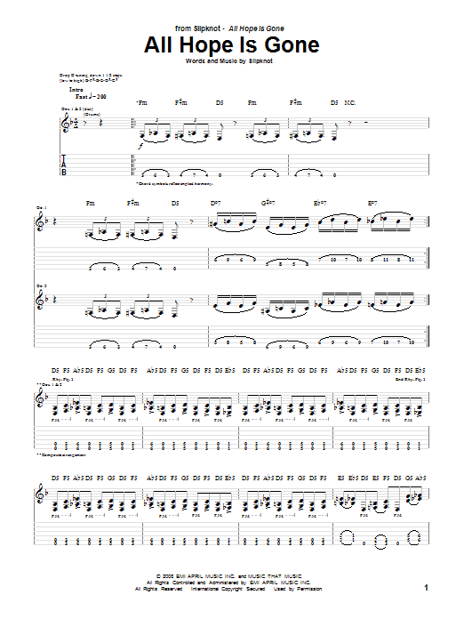 Slipknot All Hope Is Gone sheet music notes and chords. Download Printable PDF.