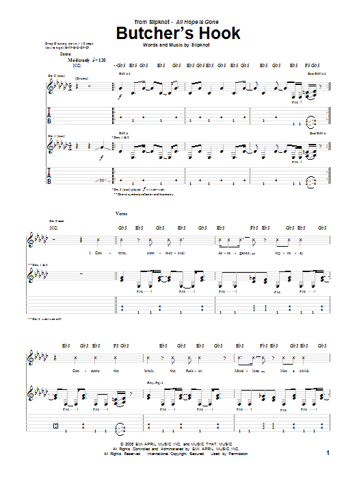 Slipknot Butcher's Hook sheet music notes and chords. Download Printable PDF.