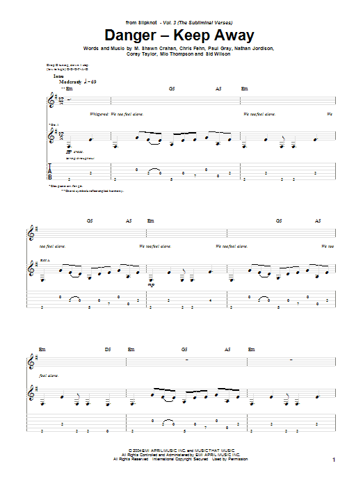 Slipknot Danger - Keep Away sheet music for Guitar Tab in minutes. Price: 7.8900$ Slipknot Danger - Keep Away sheet music notes and chords. Download Printable PDF.