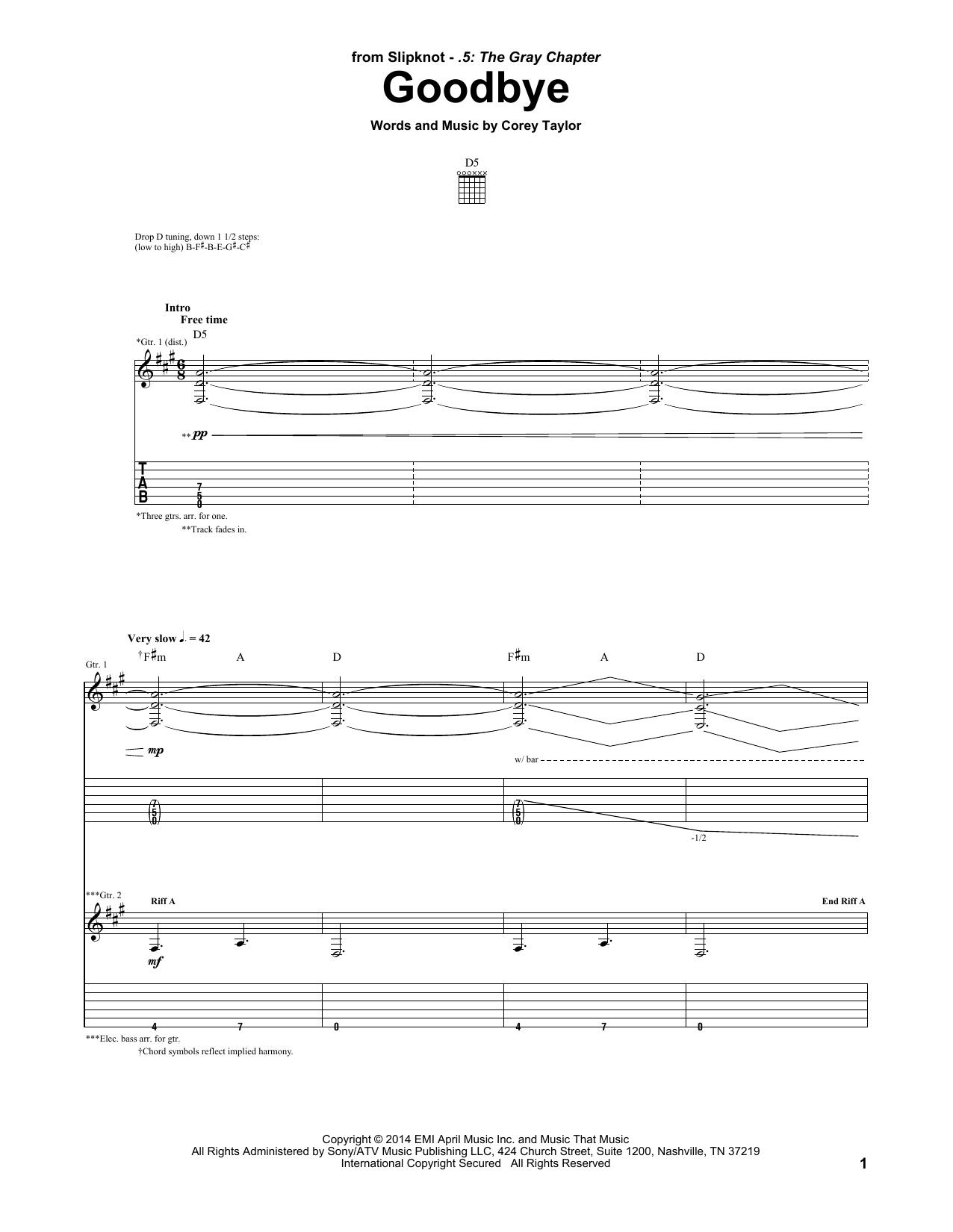 Slipknot Goodbye sheet music notes and chords. Download Printable PDF.