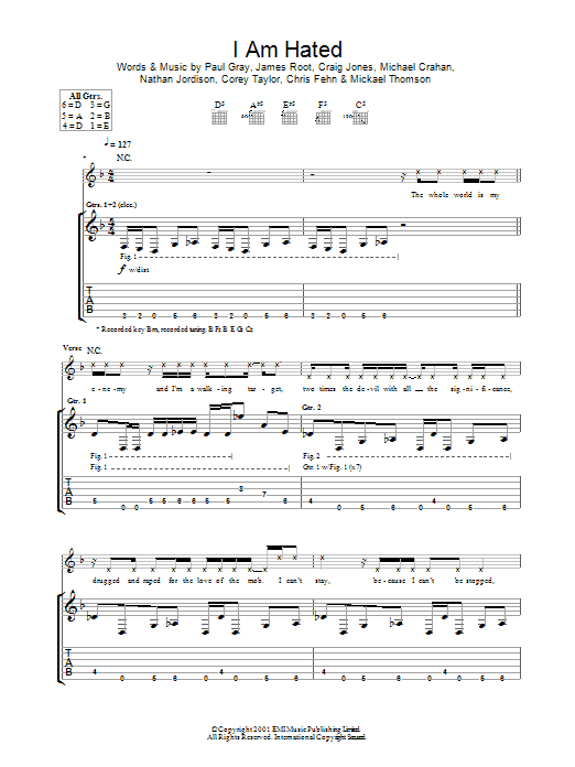 Slipknot I Am Hated sheet music notes and chords. Download Printable PDF.