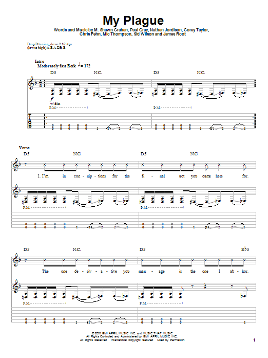 Slipknot My Plague sheet music notes and chords. Download Printable PDF.