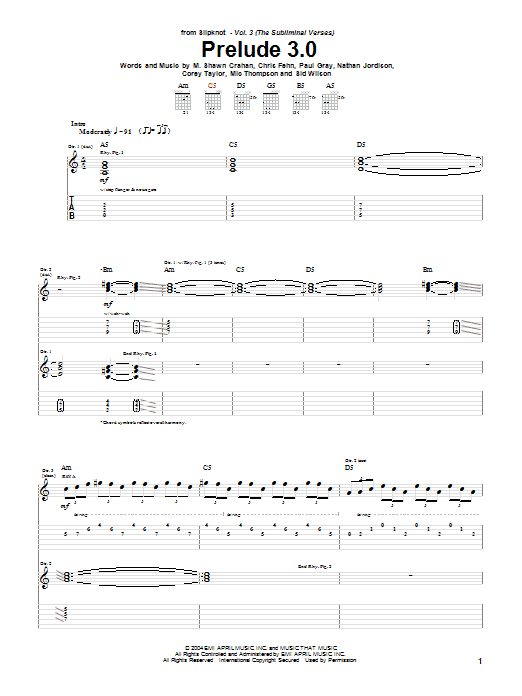 Slipknot Prelude 3.0 sheet music notes and chords. Download Printable PDF.