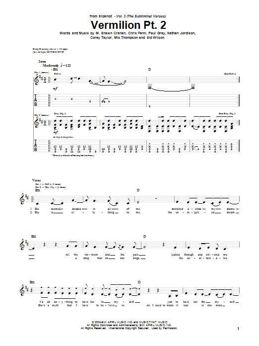 Slipknot Vermilion Pt. 2 sheet music notes and chords. Download Printable PDF.