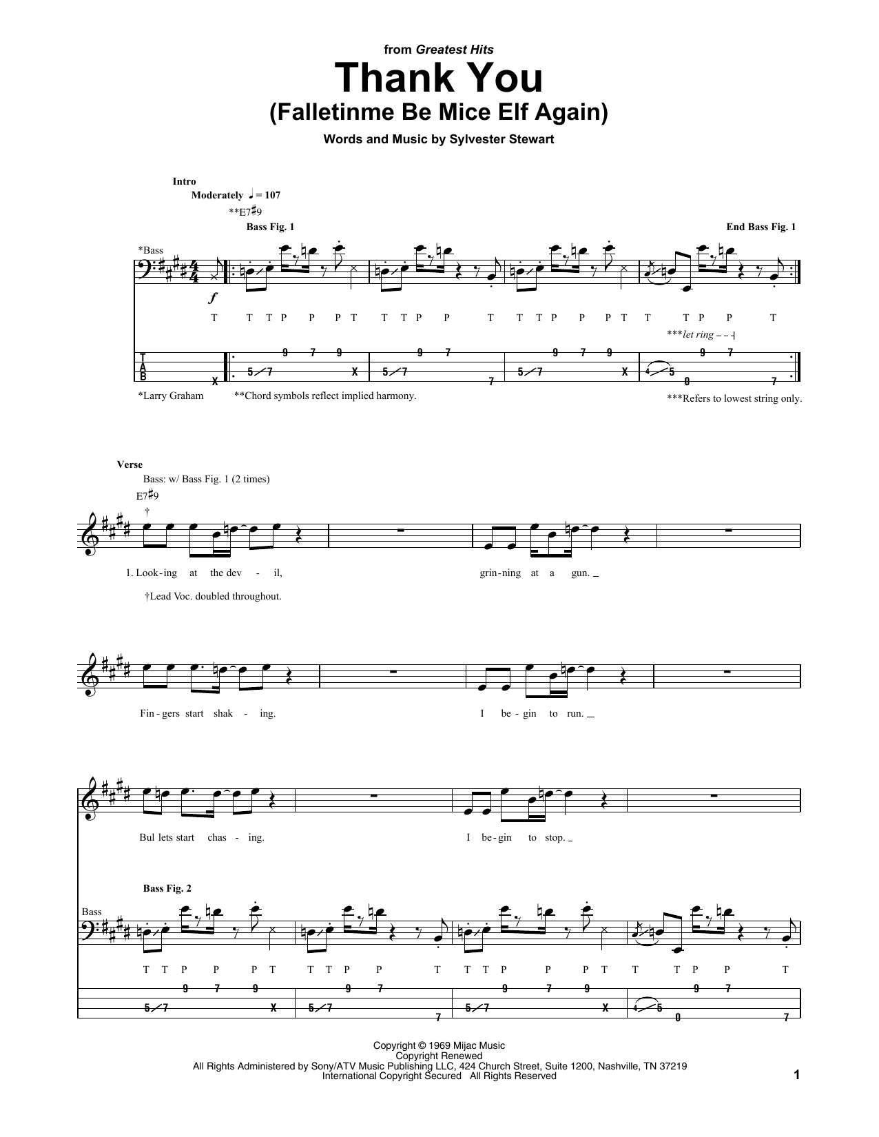 Learn to play Sly & The Family Stone Thank You (Falletinme Be Mice Elf Again) sheet music for Bass Guitar Tab in minutes. Sly & The Family Stone Thank You (Falletinme Be Mice Elf Again) sheet music notes and chords. Download Printable PDF.
