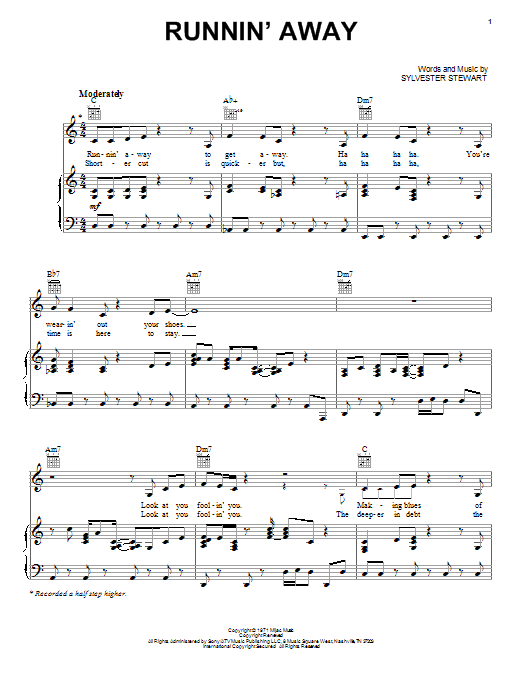 Learn to play Sly & The Family Stone Runnin' Away sheet music for Piano, Vocal & Guitar (Right-Hand Melody) in minutes. Sly & The Family Stone Runnin' Away sheet music notes and chords. Download Printable PDF.