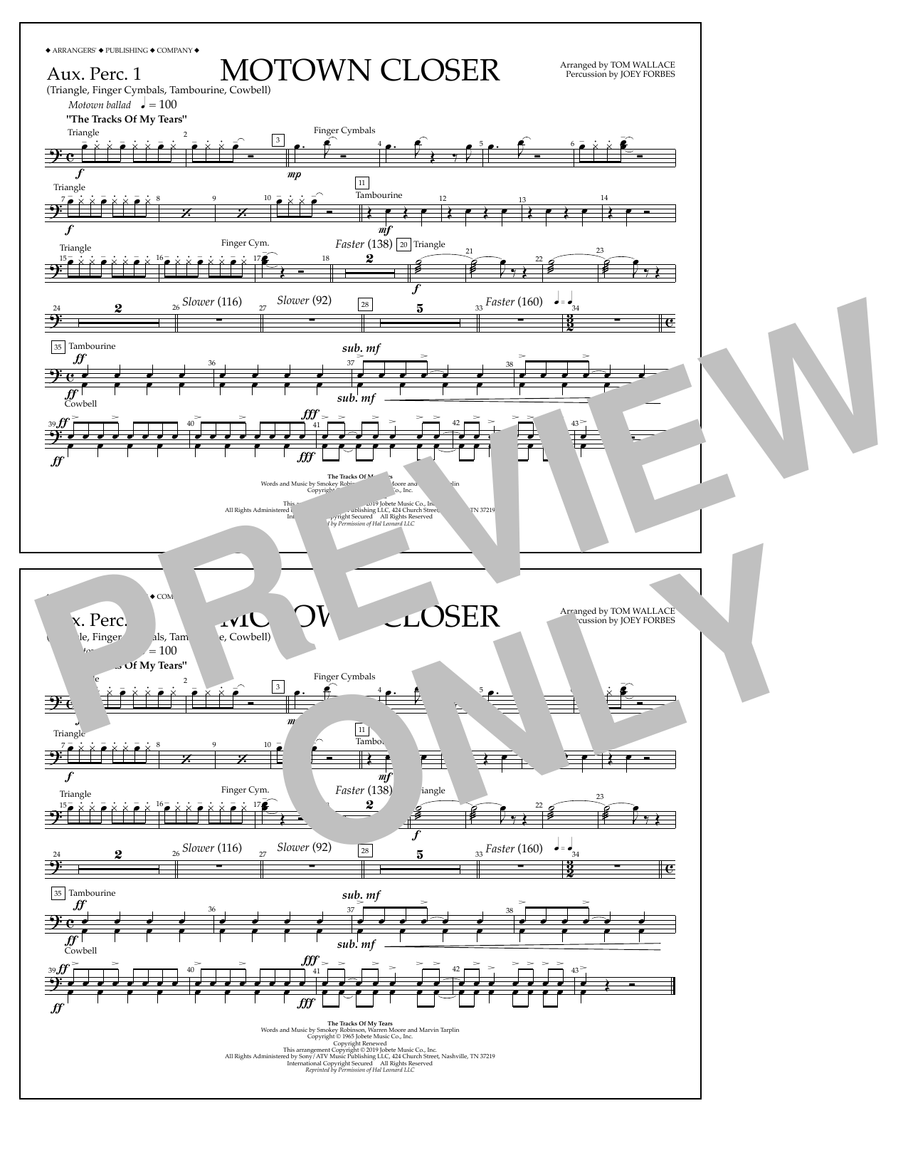 Smokey Robinson Motown Closer (arr. Tom Wallace) - Aux. Perc. 1 sheet music notes and chords arranged for Marching Band