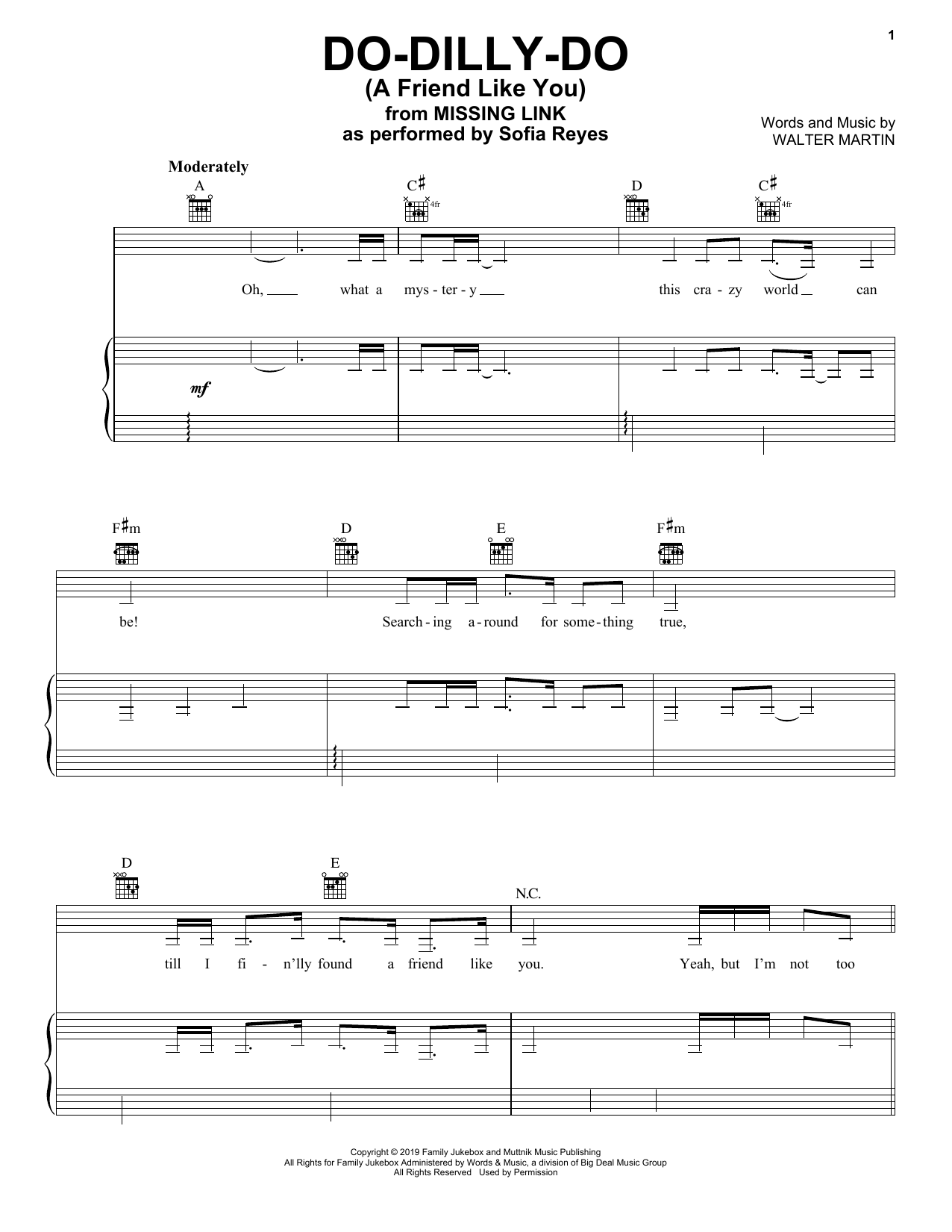 Learn to play Sofia Reyes Do-Dilly-Do (A Friend Like You) (from Missing Link) sheet music for Piano, Vocal & Guitar Chords (Right-Hand Melody) in minutes. Price: 6.9900$ Sofia Reyes Do-Dilly-Do (A Friend Like You) (from Missing Link) sheet music notes and chords arranged for Piano, Vocal & Guitar Chords (Right-Hand Melody)